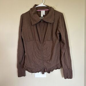 Matilda Jane Stealth Jacket Women Paint By Numbers Ruched Ruffle Brown Zip-Up  M